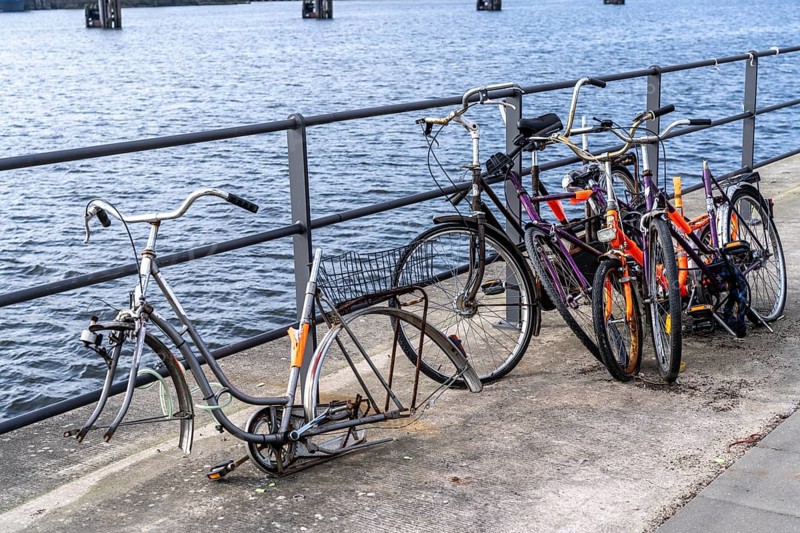 Bicycle scrap, old, partly looted, dismantled bicycles, in the HafenCity in Hamburg, on the shore of a harbour basin
