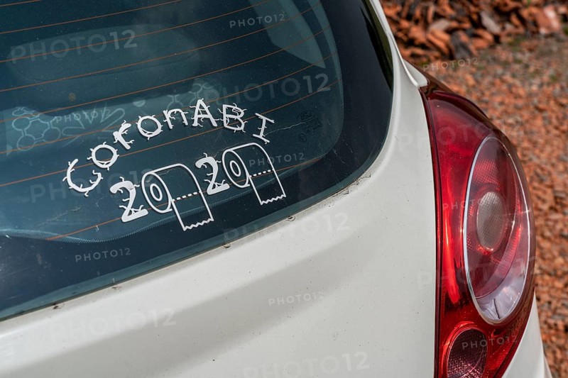 Sticker on a car, Abitur class of 2020 in the Corona crisis, CoronAbi 2020, vehicle of a student who took her Abitur during the pandemic, toilet paper rolls with the year's logo