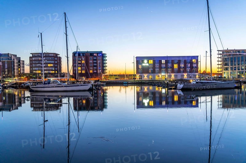 New harbour, harbour basin, harbour district, residential buildings, office buildings, marina and museum ship, part of the Harbour Worlds, in Bremerhaven, Bremen, Germany, Europe