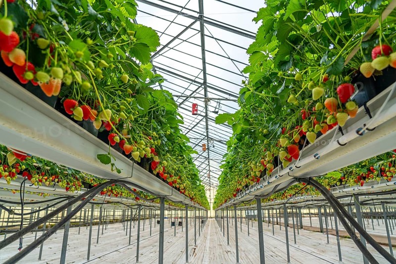 Strawberry cultivation in a greenhouse, strawberry plants with berries at different stages of ripeness, individually watered and supplied with nutrients by drip irrigation, growing in a substrate culture in raised beds, near Dormagen, Rhineland, North Rhine-Westphalia, Germany, Europe