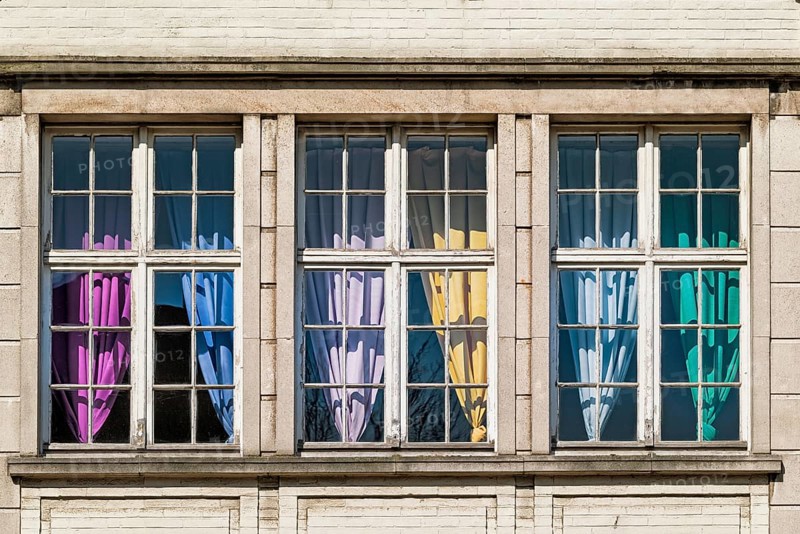 Window with curtains in primary colours, colour design, printing colours, colour, colourful, curtain, facade, window facade, mullioned window, colour circle, colour scheme, different, living, house, apartment building, graphic, texture, design, decoration, fabric, fabrics, textiles, Bruges, Belgium, Europe