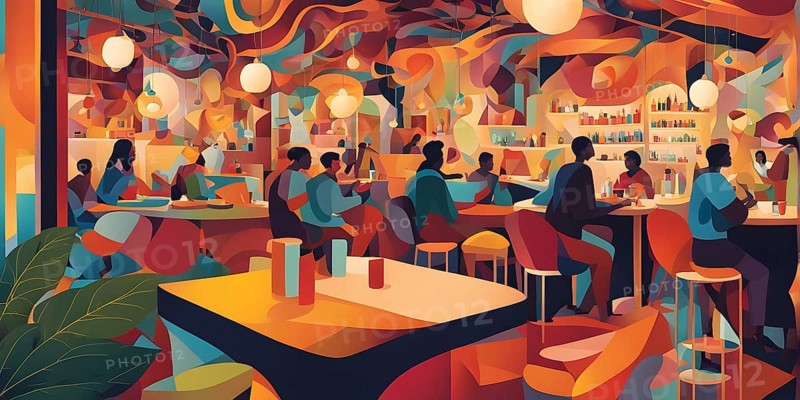 Abstract composition of a cannabis cafe with ambiance bold contrasting colors and playful shapes, AI generated