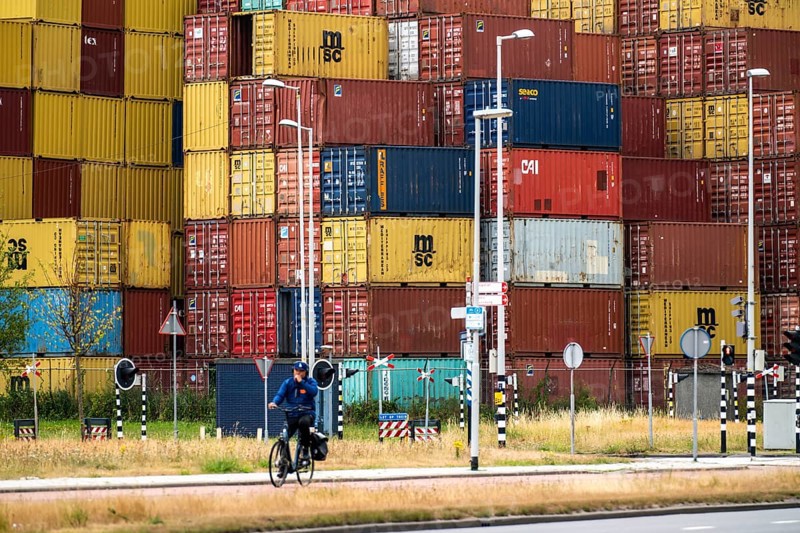 Europoort harbour, Waalhaven area, large container stack, warehouse, at RST Container Terminal, Rotterdam, Netherlands