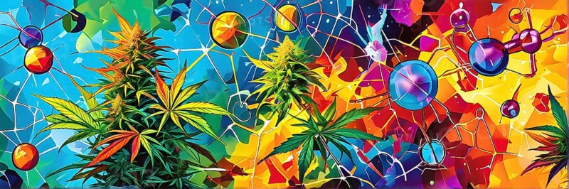 Abstract painting of chemical structure of thc and cbd interlocking geometric shapes, AI generated