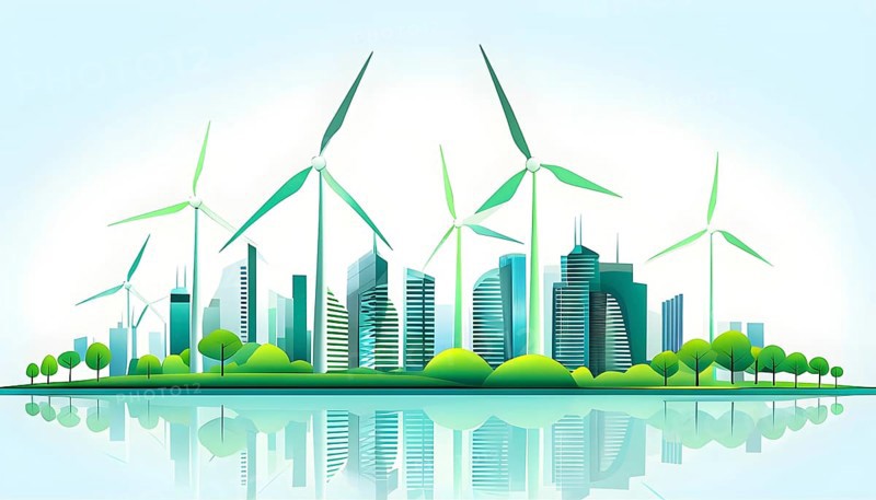Abstract visual illustration of a city skyline where buildings morph into wind turbines and trees, AI generated
