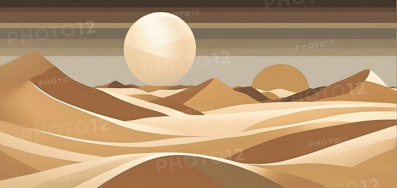 Abstract desert scene with triangular sand dunes and a single circular sun, using sharp lines and subtle gradients in neutral earth tones, AI generated