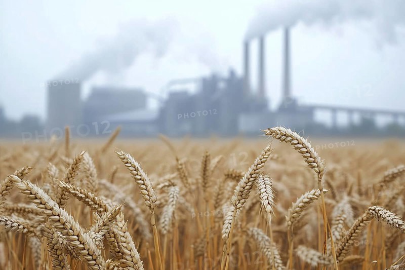 Gricultural grain field with factory with grey fumes in background. Generative Ai, AI generated