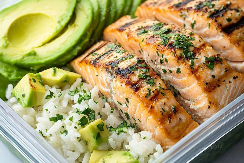 Meal prep with healthy grilled salmon fish, avocado and rice. Generative Ai, AI generated