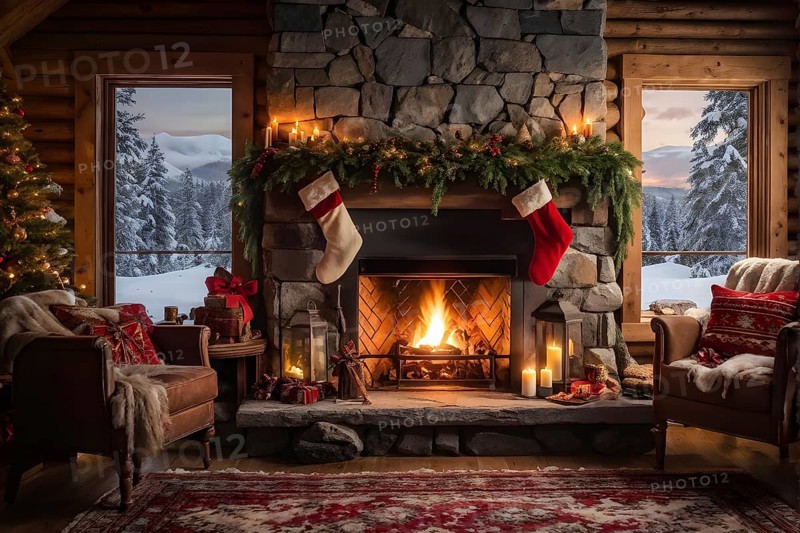 Traditional stone fireplace decorated for Christmas, with garlands, stockings, and candles, set in a cozy, snow-draped winter cabin, AI generated