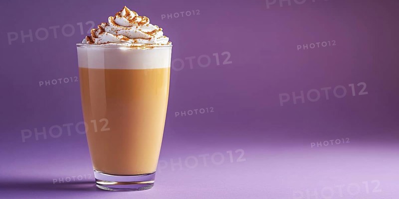 Glass with seasonal pumpkin spice latte on violet background with copy space. Generative Ai, AI generated