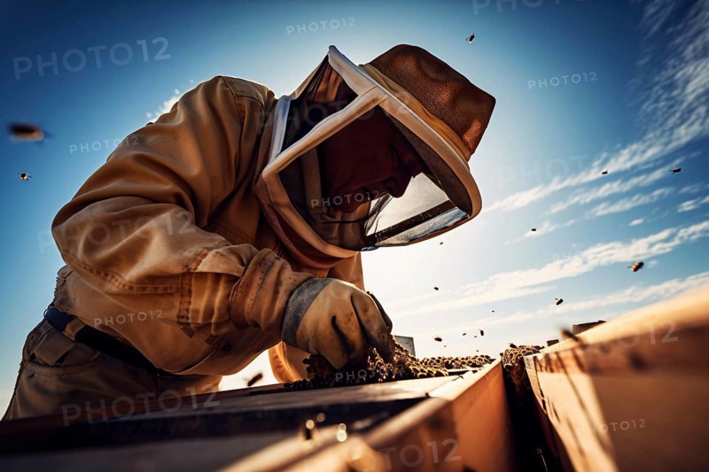Beekeeper tending to beehive. AI generated