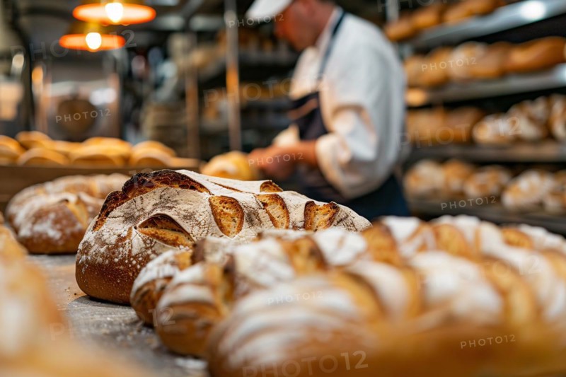 Loaves of bread in industrial bakery kitchen. KI generiert, generiert, AI generated