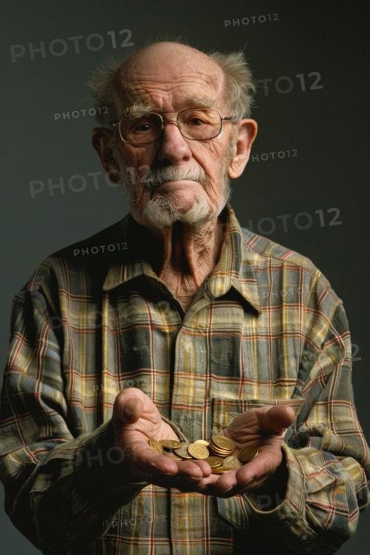 An elderly man holds coins in both hands and looks sadly into the camera, symbolising poverty in old age, AI generated, AI generated, AI generated