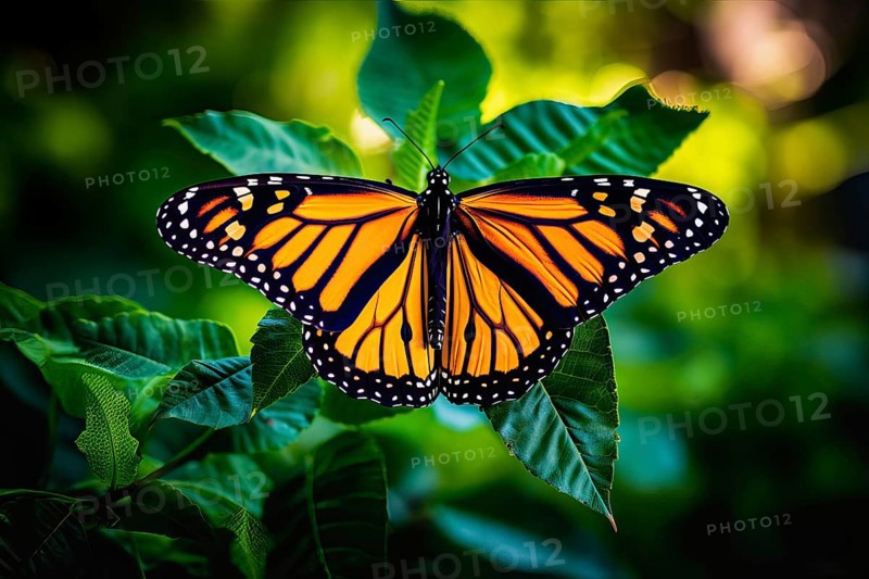 Stylized beautifully multicolored yellow monarch butterfly on natural leaves environment, AI generated
