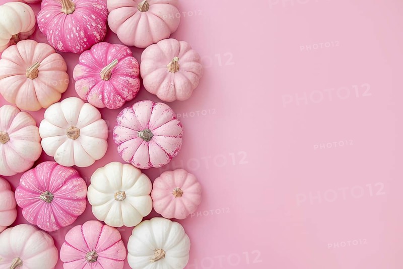 Top view of pink and white pumpkins on side of pastel pink background with copy space. Generative Ai, AI generated