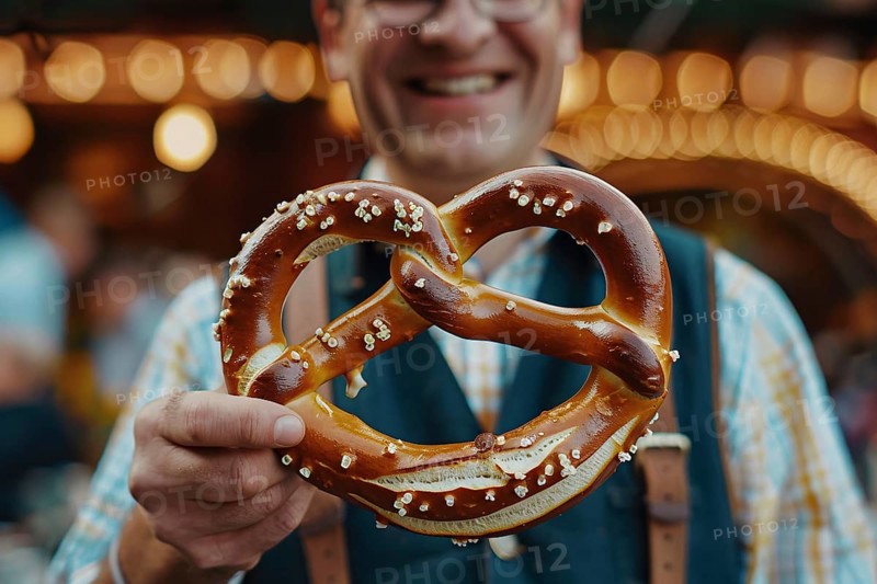 Large German pretzel held by hands of man in traditional Bavarian attire. Generative AI, AI generated