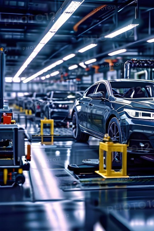AI generated automotive assembly line in car manufacturing progression with automated machines