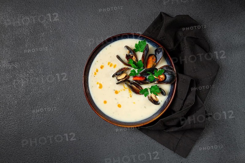 Chowder cream soup with mussels, American cuisine, homemade, no people