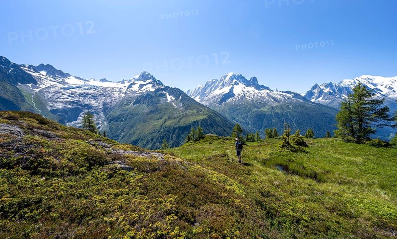 Mountaineer in front of a mountain panorama with glaciated mountain peaks, Aiguille Verte with Aiguille du Midi and Mont Blanc, hike to Aiguillette des Posettes, Chamonix, Haute-Savoie, France, Europe