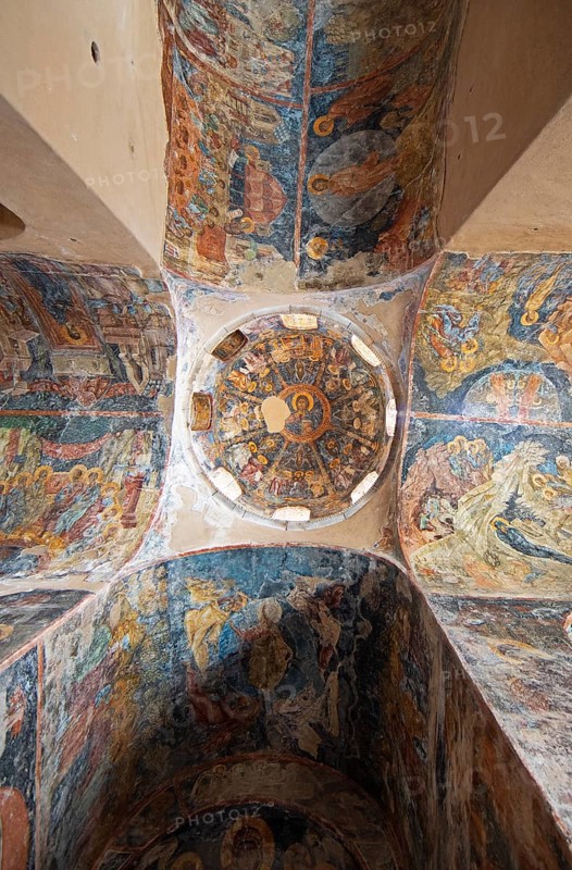 Ceiling frescoes in the Byzantine ruined city of Mystras or Mistra on the Taygetos Mountains, UNESCO World Heritage Site, Laconia, Peloponnese, Greece, Europe