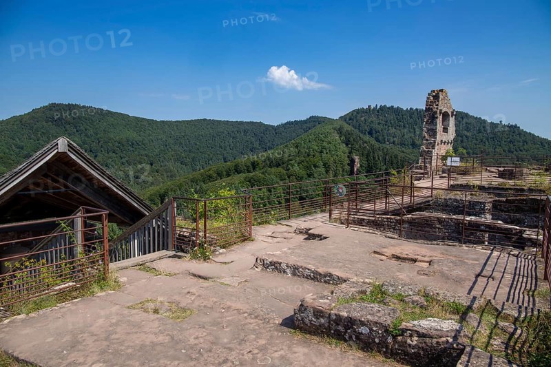 Upper platform of Fleckenstein Castle in Alsace France with a view of the Vosges mountains and the Palatinate Forest