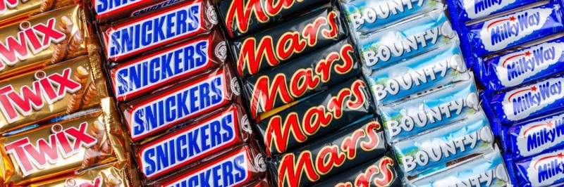 Mars Incorporated products such as Snickers chocolate bars, Twix, Milky Way and Bounty bars as background panorama