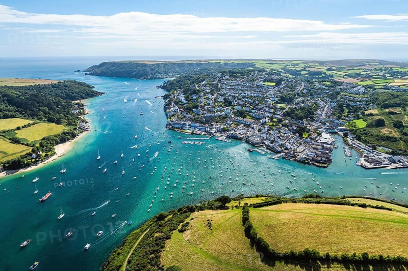 Salcombe and Mill Bay over Kingsbridge Estuary from a drone, Batson Creek, Southpool Creek, Devon, England, United Kingdom, Europe