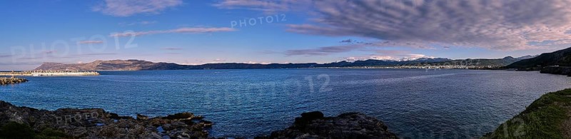 Panoramic view of a coastal landscape with calm sea and cloudy sky in the background, Gulf of Kissamos, Lefka Ori, White Mountains, mountain massif, west, Crete, Greece, Europe