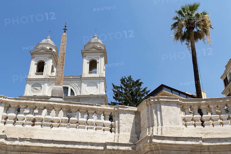 The church Santissima Trinita dei Monti, Santa Trinita dei Monti or Santissima Trinita al Monte Pincio, Most Holy Trinity on Mount Pincio, and the Obelisco Sallustiano, above the Spanish Steps in Rome, Italy, Europe