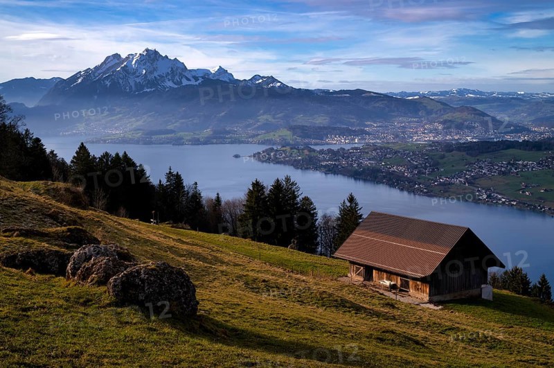 View from Seebodenalp to Lucerne, Lake Lucerne, in the background Mount Pilatus and Central Swiss Alps, Canton Schwyz, Switzerland, Europe