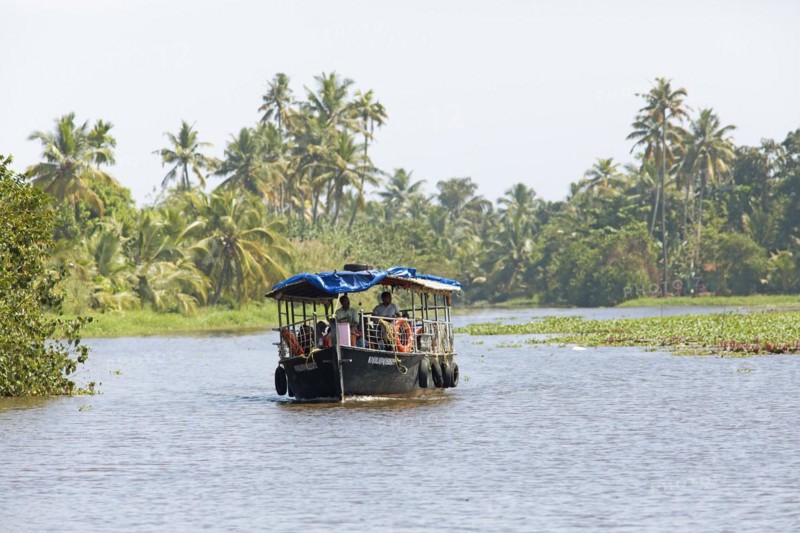 Traditional boat on a canal in the canal system of the backwaters, Kerala, India, Asia