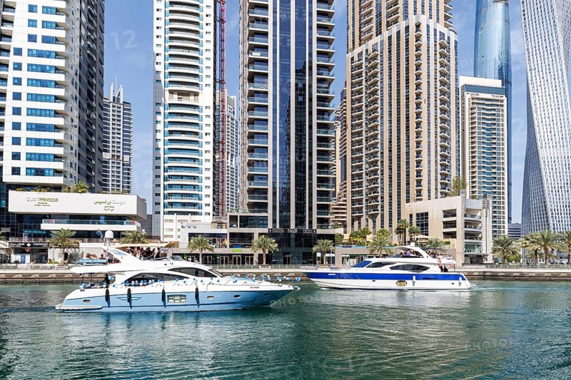 Yachts at Dubai Marina Skyline High-rise buildings Real estate Skyscrapers Luxury wealth in Dubai, United Arab Emirates, Asia