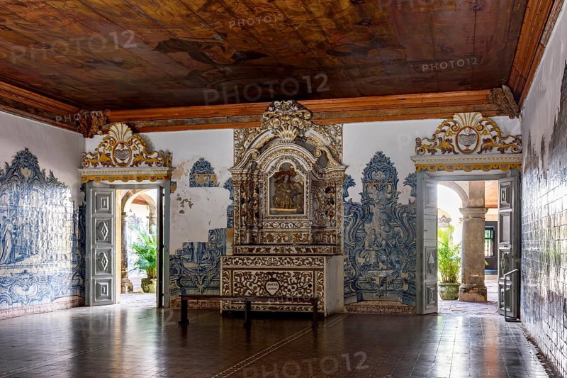 Interior of historic baroque church in the city of Olinda with view of the inner courtyards and altar dedicated to Saint Anna, Olinda, Pernambuco, Brazil, South America