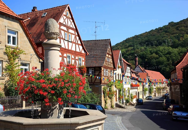 Fountain and old town alley in Zeil am Main, Hassberge district, Lower Franconia, Bavaria, Germany, Europe