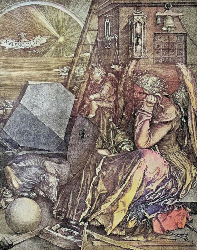 Melancholy Engraving by Albrecht Dürer from the book Der Freemaurer by Eugen Lennhoff, published 1932, Melancholy Engraved by Albrecht Duerer from the book The Freemason by Eugen Lennhoff published 1932, Historic, digitally restored reproduction from a 19th century original, Record date not stated
