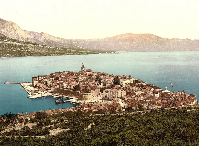 Curzola, today Korcula, general view, Dalmatia, Croatia, Austro-Hungary, digitally restored reproduction from a 19th century original, record date not stated, now Korcula, general view, Dalmatia, Croatia, Austro-Hungary, digitally restored reproduction from a 19th century original, record date not stated, Europe
