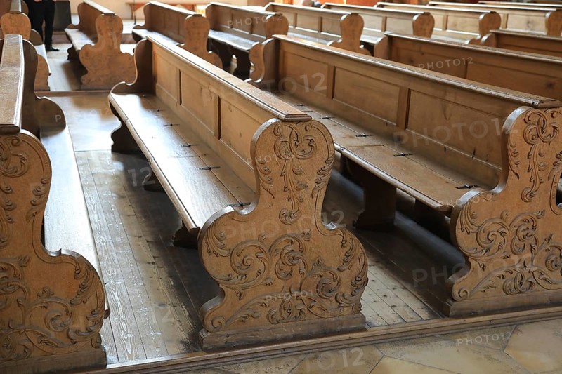 Empty pews, interior of the Cistercian Abbey Church Fürstenfeld in Fürstenfeldbruck, Upper Bavaria, Bavaria, Germany, Europe