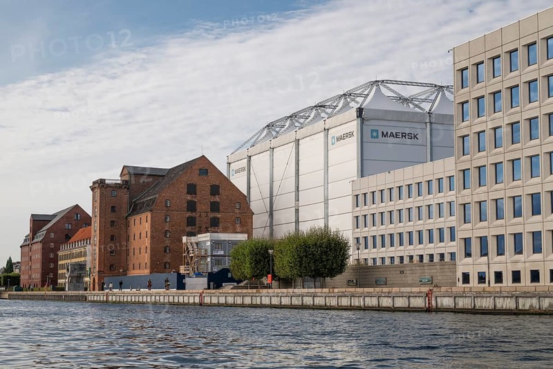 Head office or headquarters of the Møller-Mærsk Group, also known as Maersk and brick building with collection of classical European sculptures, former warehouse, harbour, Copenhagen, Denmark, Europe