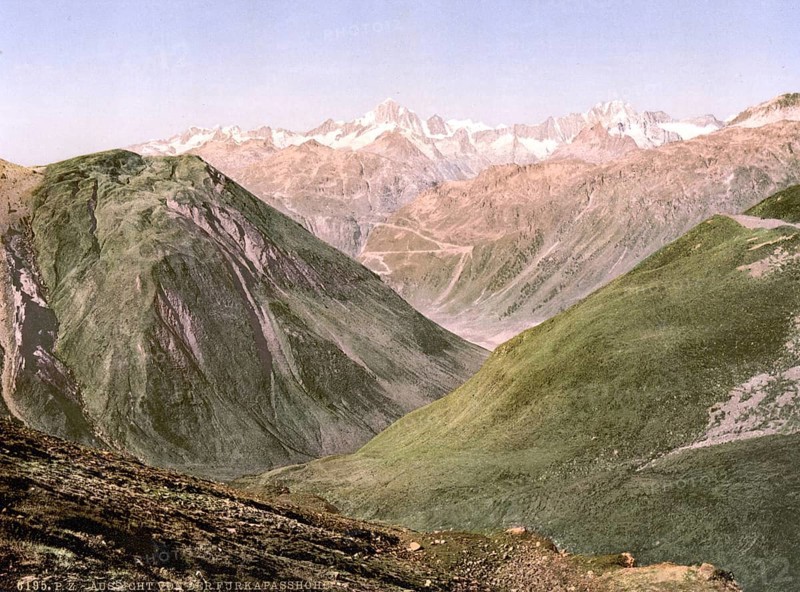 Furka Pass, view from the summit, Bernese Oberland, Switzerland, Historic, digitally restored reproduction from a 19th century original, Record date not stated, Furka Pass, view from the summit, Bernese Oberland, Switzerland, Historic, digitally restored reproduction from a 19th century original, Record date not stated, Europe