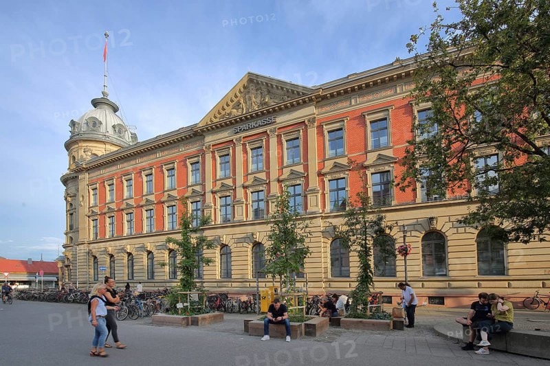 Historic building of the savings bank, former main post office, people, market place, Constance, Obersee, Lake Constance, Lake Constance area, Baden-Württemberg, Germany, Europe