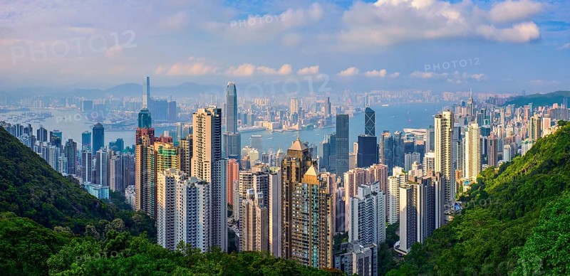 Famous view of Hong Kong, Hong Kong skyscrapers skyline cityscape panorama from Victoria Peak on sunset. Hong Kong, China, Asia