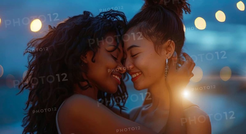 Interracial lesbian LGBTQ couple with long hair and smiling. Concept of inclusivity, AI generated