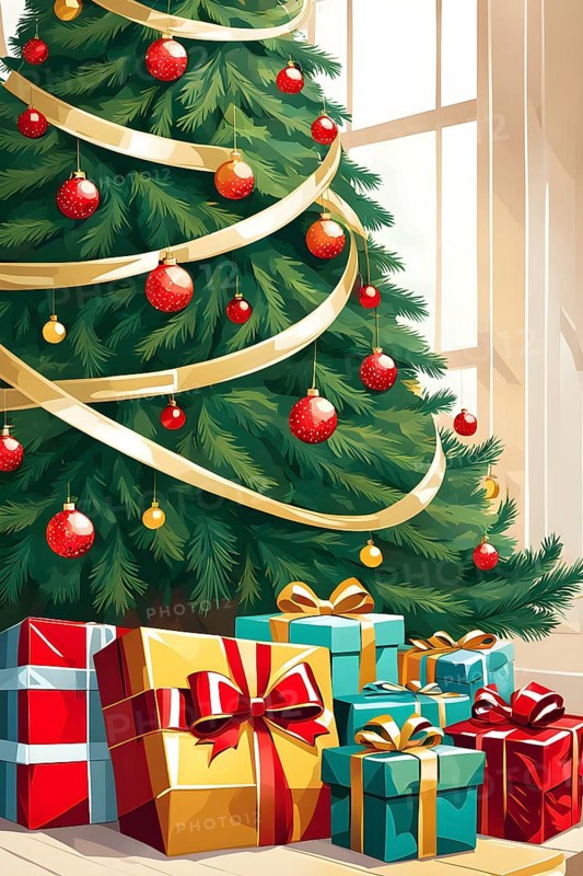Abstract illustration of wrapped Christmas gifts, shiny ribbons and bows, stacked under a evergreen tree in a cozy living room, AI generated