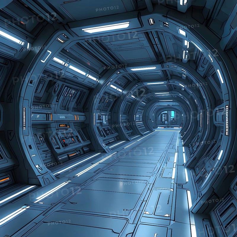 Three dimensional render of futuristic corridor inside a spaceship or space station, AI generated