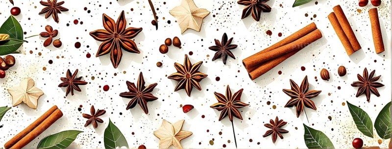 Abstract wallpaper illustration of Christmas spices like cinnamon sticks, star anise, and cloves, AI generated