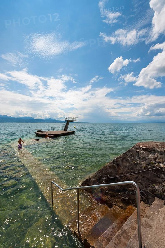 Swimming in Lake Geneva, bathing lake, swimming, summer, summer holiday, bathing holiday leisure, alpine lake, diving tower, Vaud, Switzerland, Europe