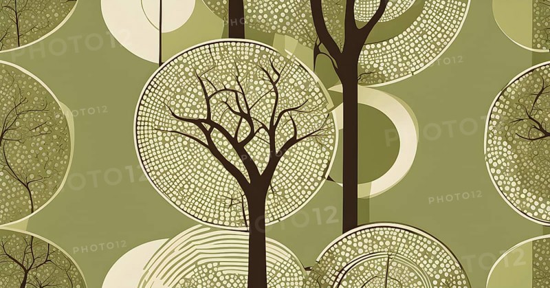 Abstract geometric tree with a circular canopy and a rectangular trunk, arranged in a clean, balanced design with a limited color palette of olive green, deep brown, and ivory, AI generated