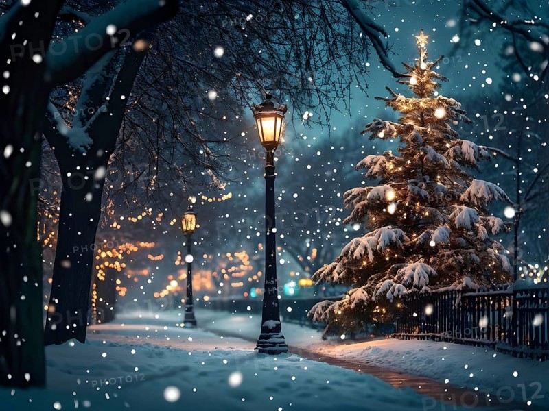 Christmas Eve with snowflakes fall under the light of a streetlamp with a decorated tree in the background, AI generated