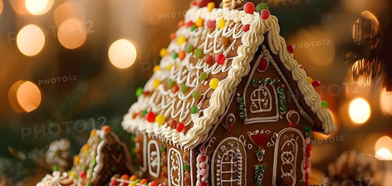Gingerbread house decorations, focusing on the intricate icing details, colorful candy, and soft, warm light creating a cozy festive ambiance, AI generated
