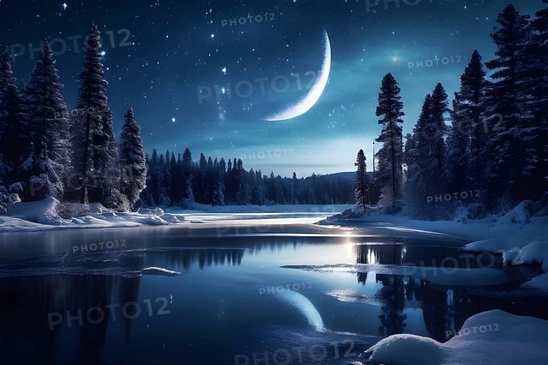 Tranquil winter night scene with a crescent moon and stars shining brightly over a frozen lake, with a line of snow-covered pine trees reflected in the lake, AI generated